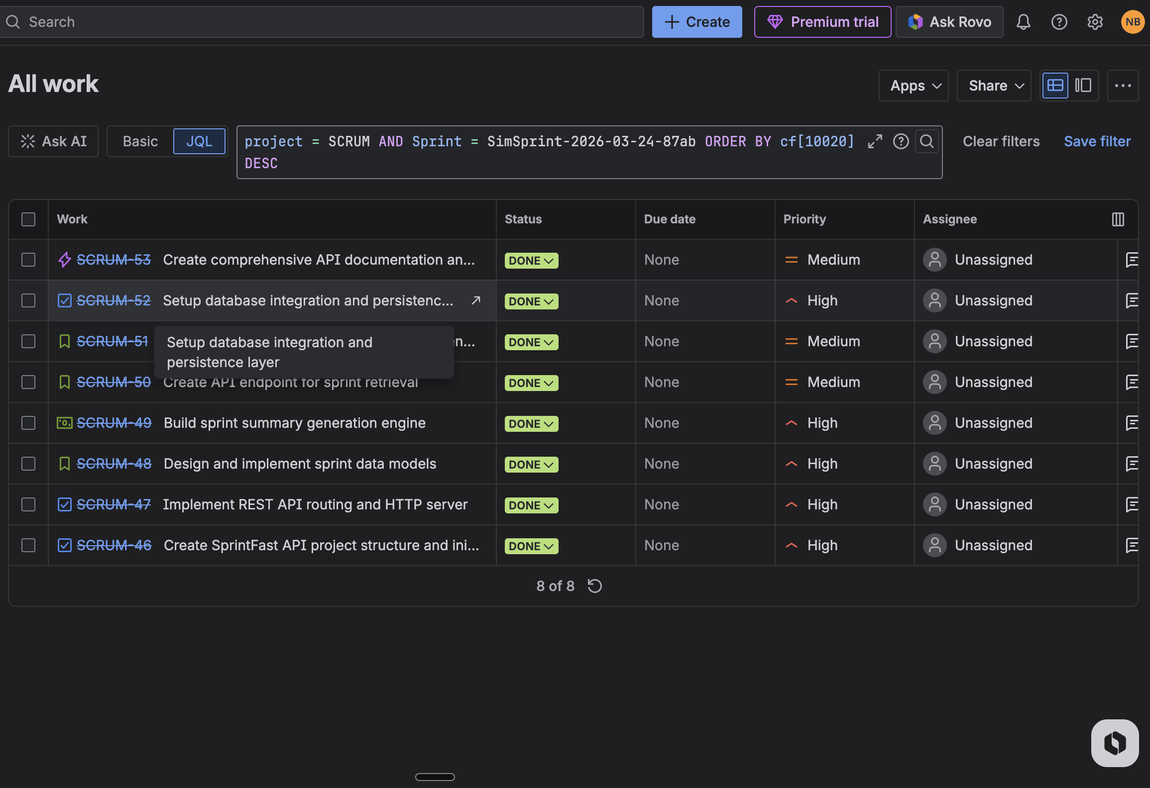 Jira sprint issue screen showing raw sprint data
